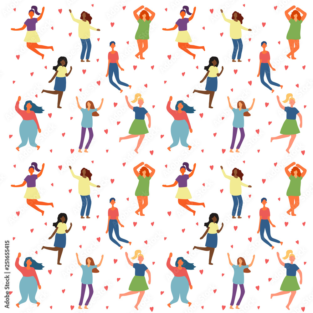 Background with multiracial women of different figure type and size dressed in comfort wear. Female cartoon characters pattern. Body positive movement and beauty diversity. 