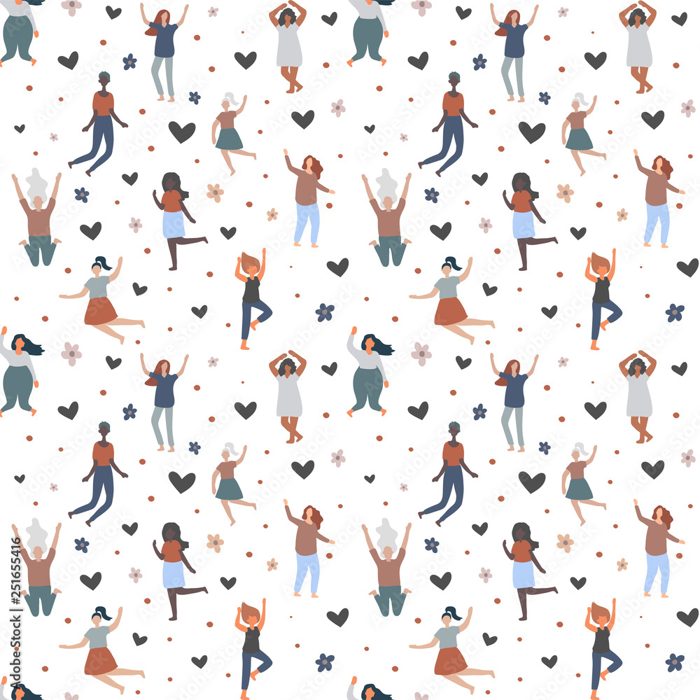 Background with multiracial women of different figure type and size jump and have fun. Female cartoon characters pattern. Body positive movement and beauty diversity. 