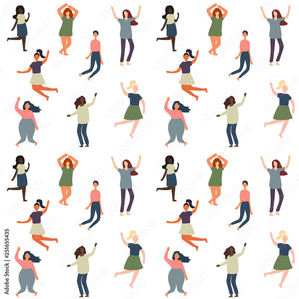 Background with multiracial women of different figure type and size dressed in comfort wear. Female cartoon characters pattern. Body positive movement and beauty diversity. 