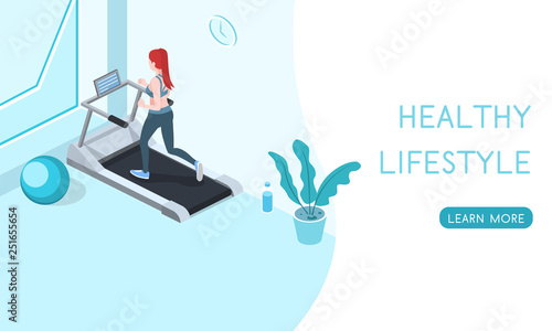 Landing website for a healthy lifestyle, people play sports isometric 3d vector illustration.