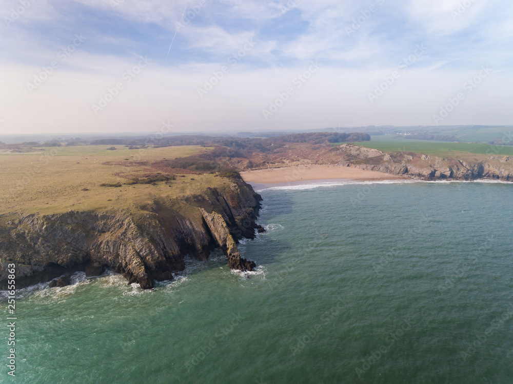 Aerial view of the stunning beach at Barafundle Bay on the Pembrokeshire coast of South Wales UK Europe
