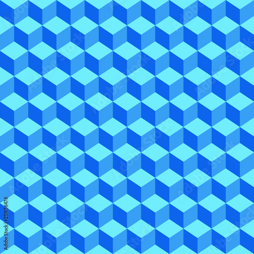 Blue 3d cubes with a shadow in a perspective view. Seamless pattern. Vector background.