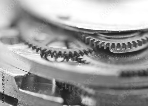 Black and white photography. Background with metal gear wheels. Macro.