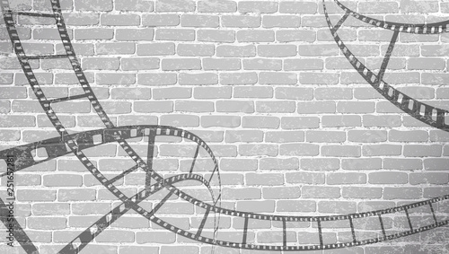 Film strip on grey brick wall. Background in cinematic style on brick wall. Old cinema abstract background. Cinema Movie Time Concept . Graffiti film reel in 3d isometric style. Vector illustration