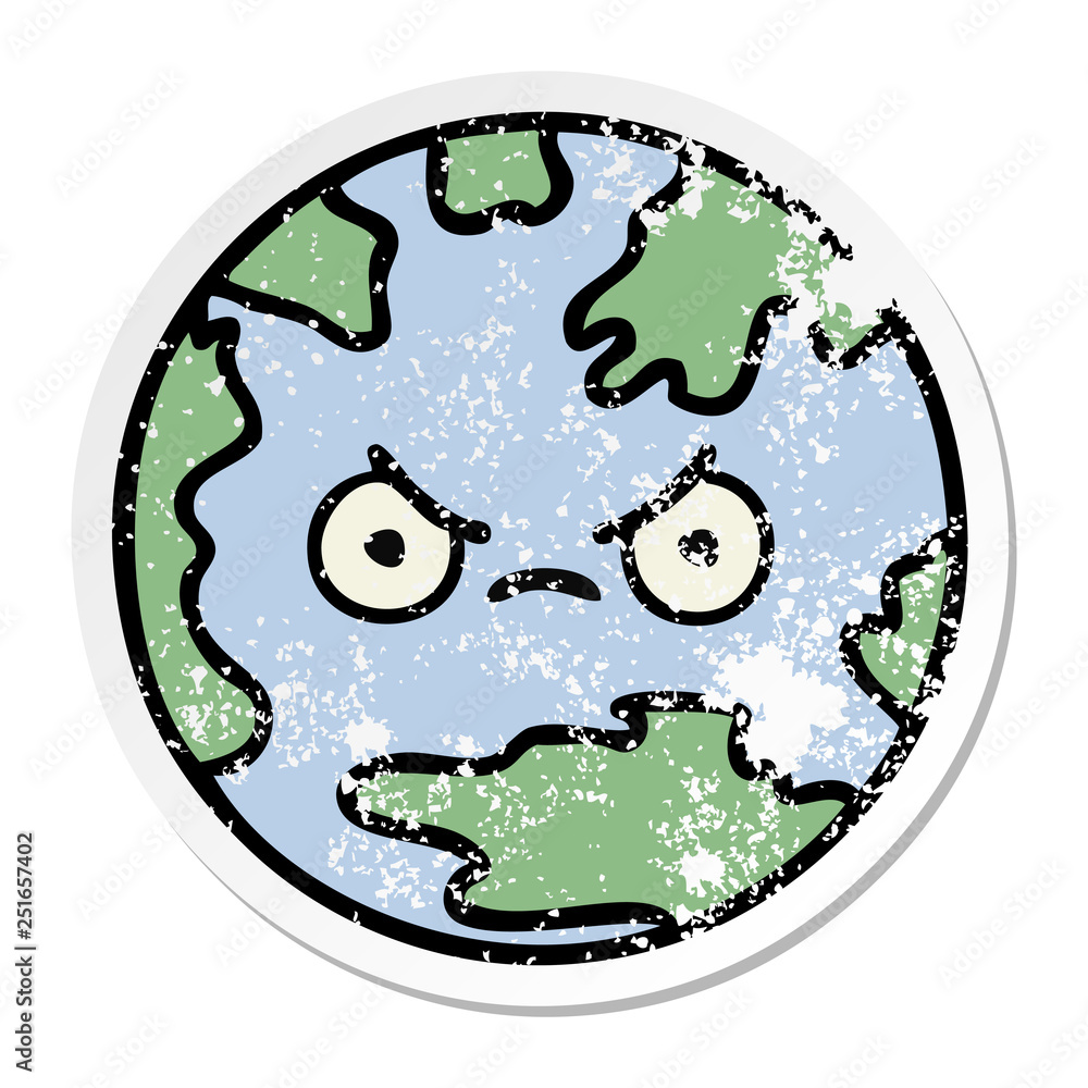 distressed sticker of a cute cartoon planet earth distressed sticker of a cute cartoon planet earth
