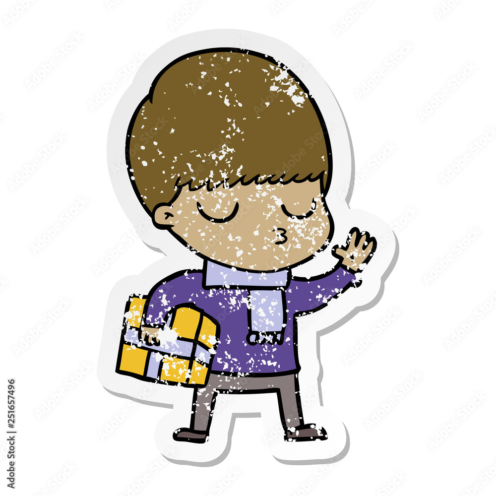 distressed sticker of a cartoon calm boy distressed sticker of a cartoon calm boy