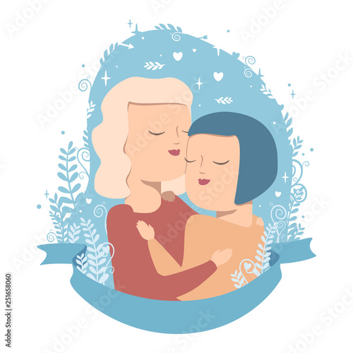 Vector illustration of homosexual  love couple in hugs on blue background with flowers and hearts. Isolated on white background.
