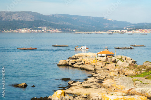 Rias Baixas seascape with Punta Cabalo lighthouse and mussel boat sailing between mussel beds called bateas. Galicia, Spain photo