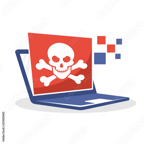 Vector illustration icon with digital media concept about dangerous content information, laptop hacked by hackers