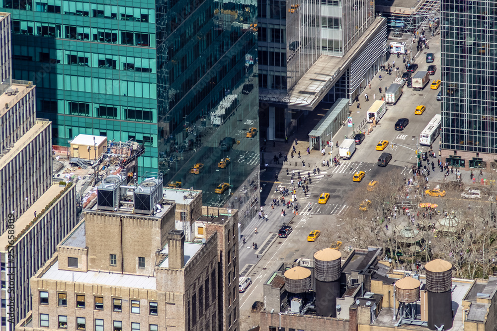 New York City 5th Ave Vertical view. Aerial view of streets of NYC