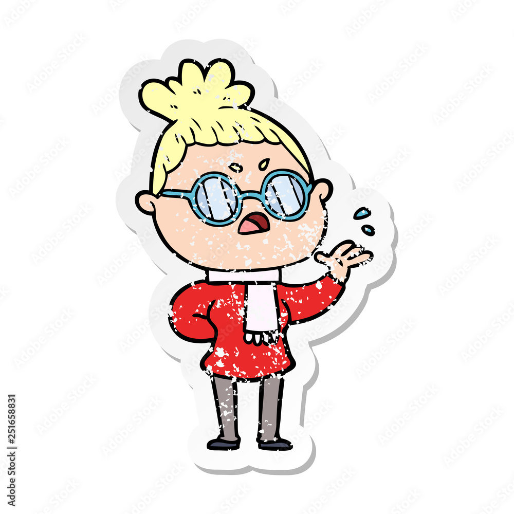 distressed sticker of a cartoon annoyed woman distressed sticker of a cartoon annoyed woman