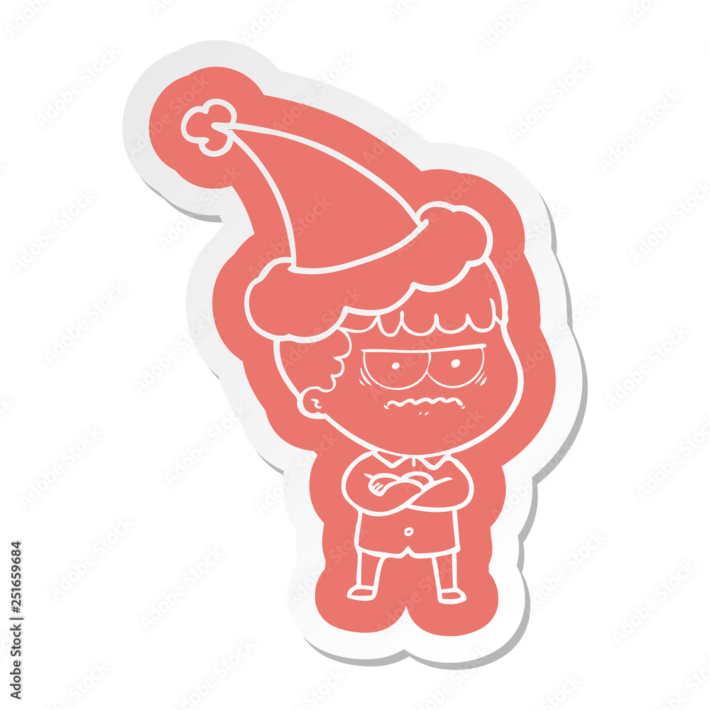 cartoon sticker of an annoyed man wearing santa hat cartoon sticker of an annoyed man wearing santa hat
