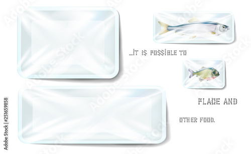 White realistic plastic food container wrapped by polyethylene. Vector Rectangle Blank Styrofoam tray mock Up, Template for your design. For example, Packed fish, herring and piranha. Illustration