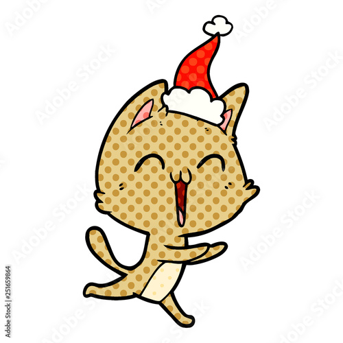 happy comic book style illustration of a cat meowing wearing santa hat