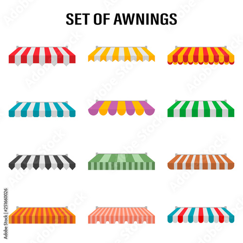 Shop awning tents for window. Outdoor market canopy, vintage store roof. Vector illustration