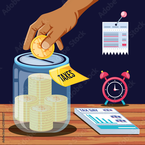 tax day with saving jar and set icons