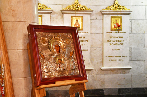 YEKATERINBURG, RUSSIA. Copy of the icon of the virgin "the Sign" (Znamenie) of Novgorod in the memorial Church on Blood in honor of All Saints resplendent in the Russian Land