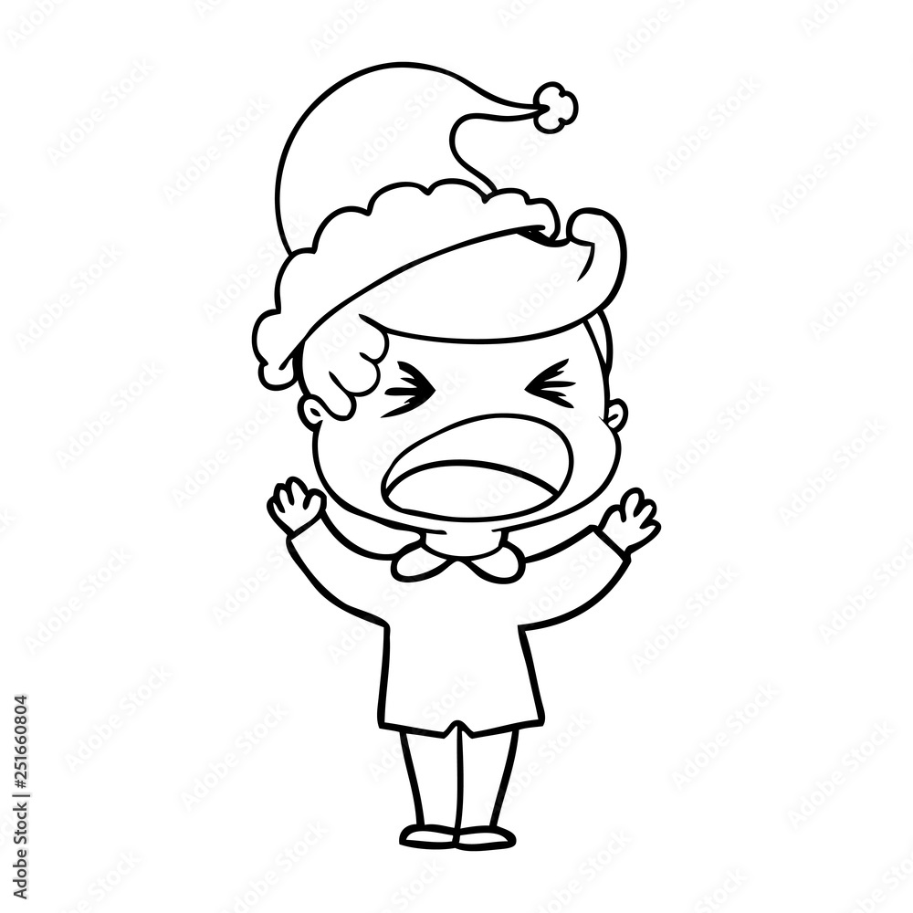 line drawing of a shouting man wearing santa hat