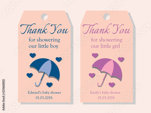 Two baby shower tags for a boy and for a girl. Thank you tags with umbrellas and hearts.