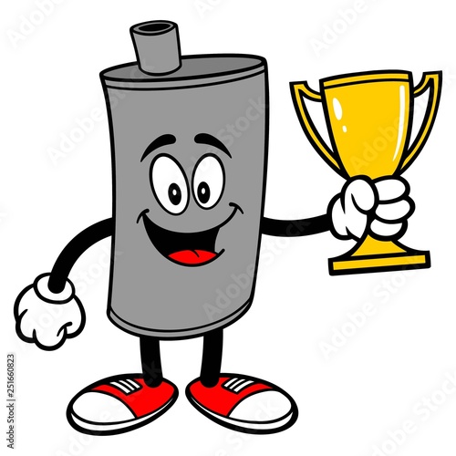 Car Muffler Mascot with Trophy - A vector cartoon illustration of a car muffler mascot holding a Trophy.