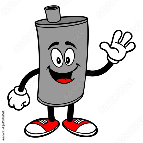 Car Muffler Mascot Waving - A vector cartoon illustration of a car muffler mascot waving.