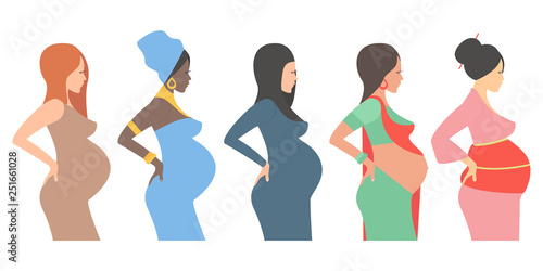 Pregnant women of different nationalities: european, african american, arab woman, hindu, asian. Future mothers of different nationalities. Vector illustration.