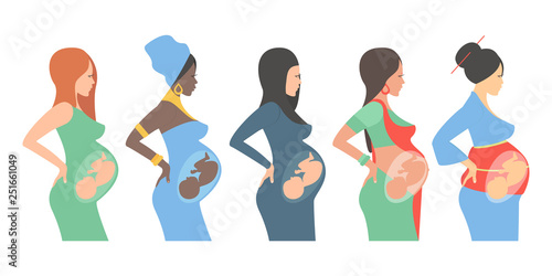 Pregnant women of different nationalities: european, african american, arab woman, hindu, asian. Future mothers of different nationalities. Vector illustration.