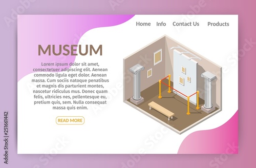 Isometric low poly museum interior vector 3d horizontal banner