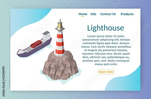 Isometric lighthouse on rock and ship vector isolated banner