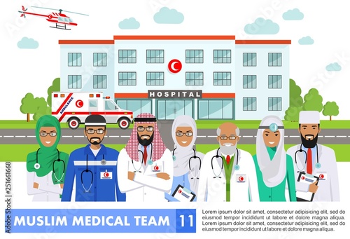 Medical concept. Detailed illustration of muslim arabian doctor, nurses, helicopter, ambulance cars and hospital building in flat style on white background. Practitioner arabic doctors standing.