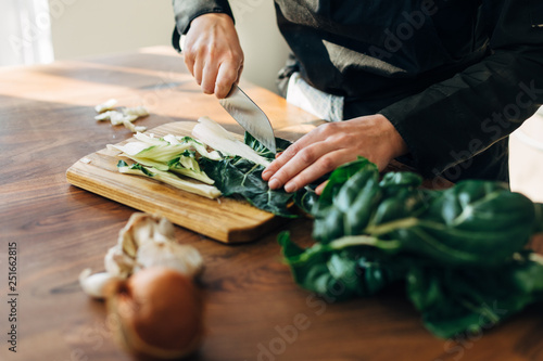 Fototapeta Female chef chopping raw vegetables on a wooden board