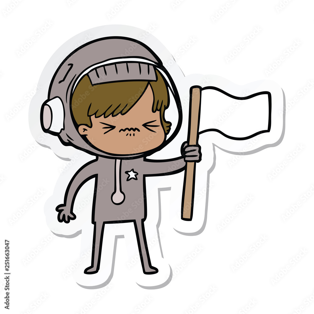 sticker of a angry cartoon space girl waving flag sticker of a angry cartoon space girl waving flag