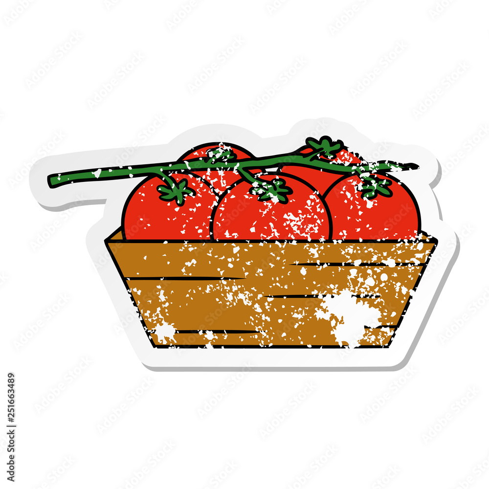 distressed sticker cartoon doodle of a box of tomatoes distressed sticker cartoon doodle of a box of tomatoes