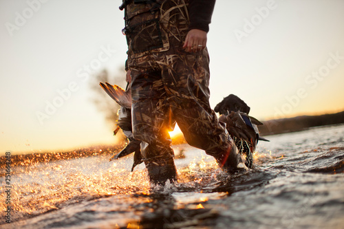 Black retriever carrying a dead duck in his mouth while out duck hunting with his owner at a lake.