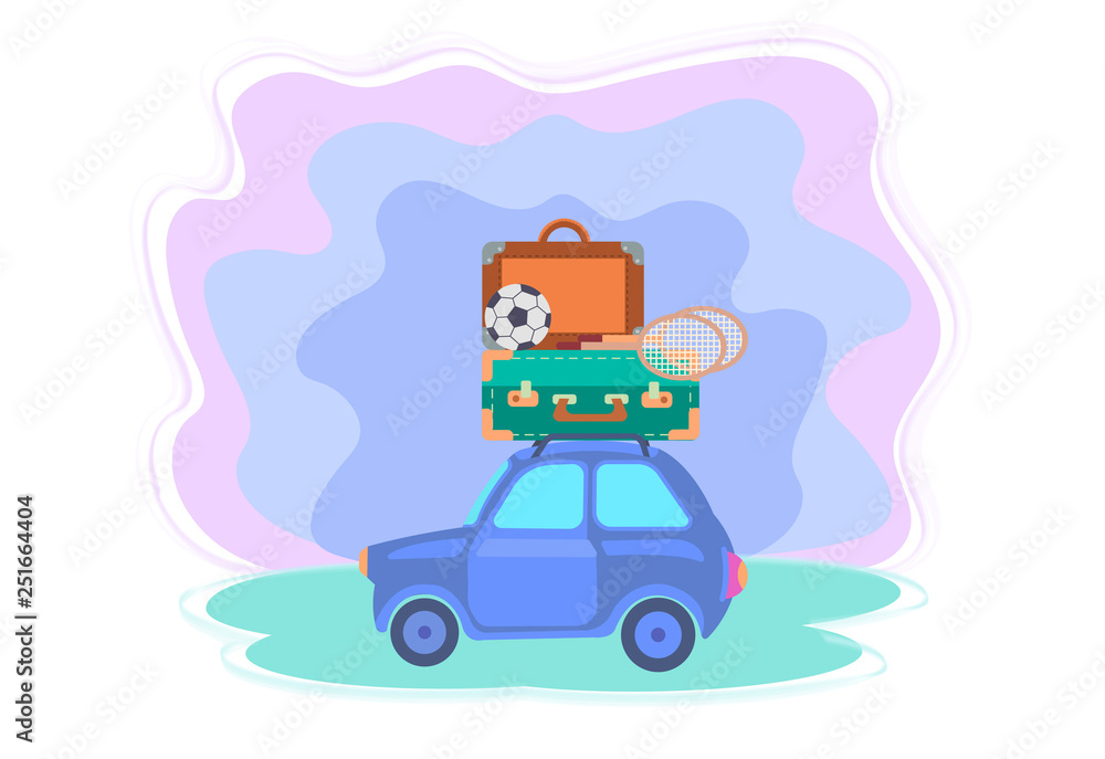 Car with suitcases, soccer ball and badminton rackets on the roof. Car with suitcases, soccer ball and badminton rackets on the roof.