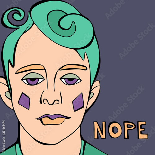 Vector character of melancholic man with blue, turquoise hair. Illustration for t-shirt print, card, poster. Isolated portrait with brown hand drawn lettering Nope on dark blue background 