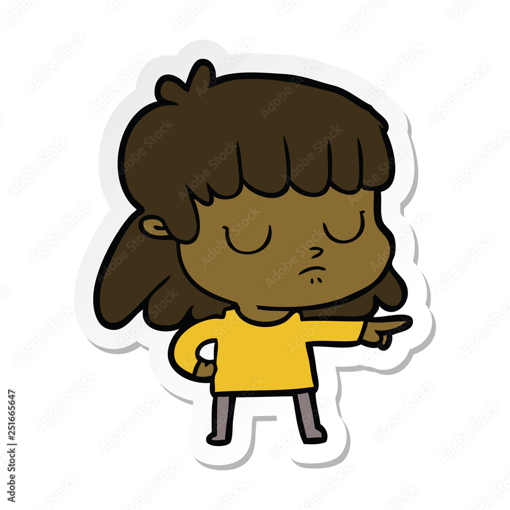 sticker of a cartoon indifferent woman;pointing sticker of a cartoon indifferent woman;pointing