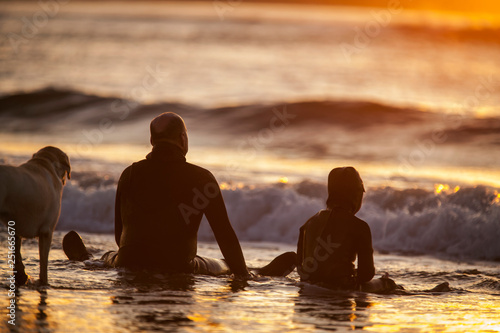 Mid adult man and his young son sitting in shallow water on a beach with their dog. photo