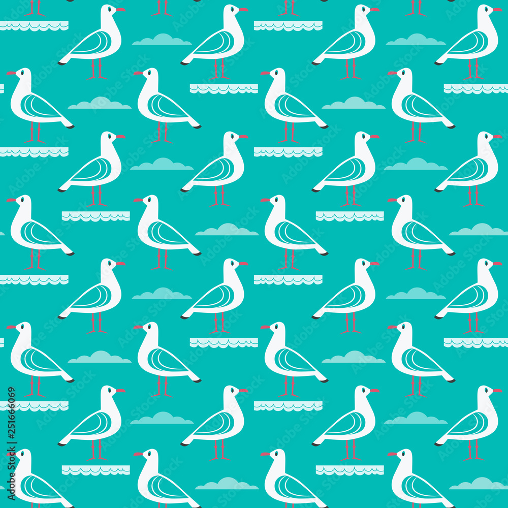 Hand drawn cute seagull seamless pattern