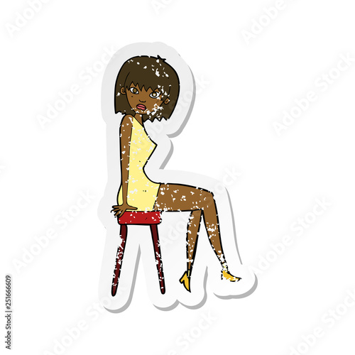 retro distressed sticker of a cartoon woman sitting on stool