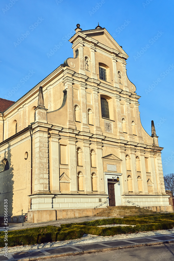 facade of baroque Catholic Church in Poznan.