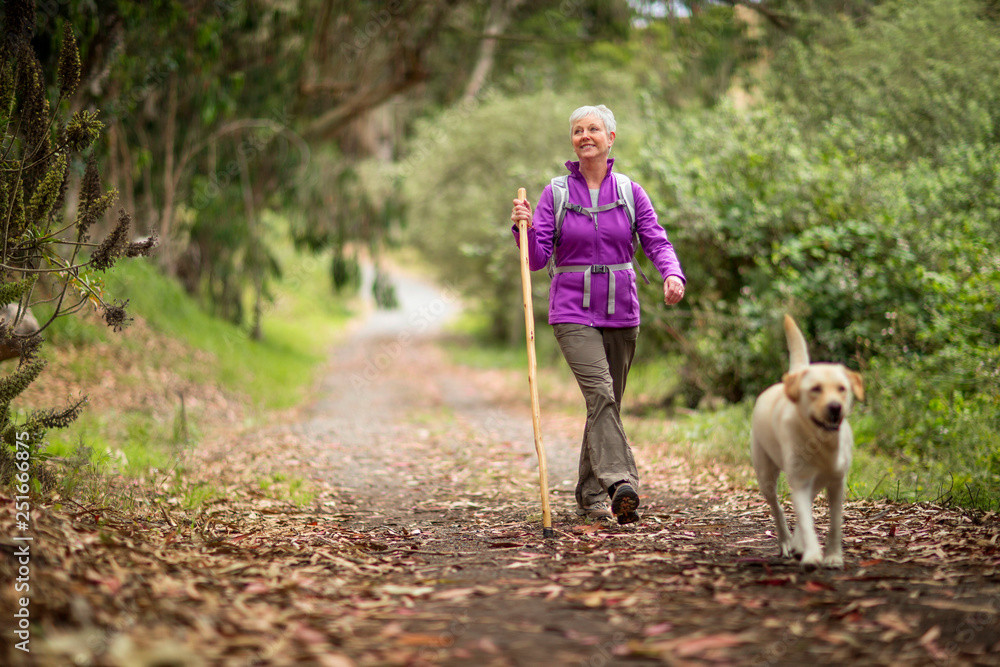 Mature woman on a rural hike with her dog. Mature woman on a rural hike with her dog.