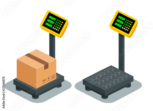 Warehouse scale. Floor pallet scales. Electronic weighing scale. Isometric vector illustration. 3d effect.