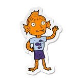 sticker of a cartoon waving fish boy