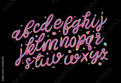 Alphabet set of iridescence holographic and multicolour 3d letters isolated on black background for poster, flyer, banner or design element. Psychedelic color typography. Vector. 