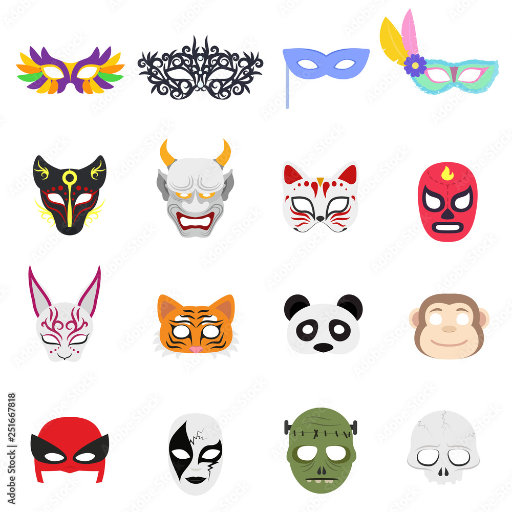 Obraz premium Various themed masks on the face. Mask for party, holiday, carnival, animals, set of isolated objects. Vector illustration