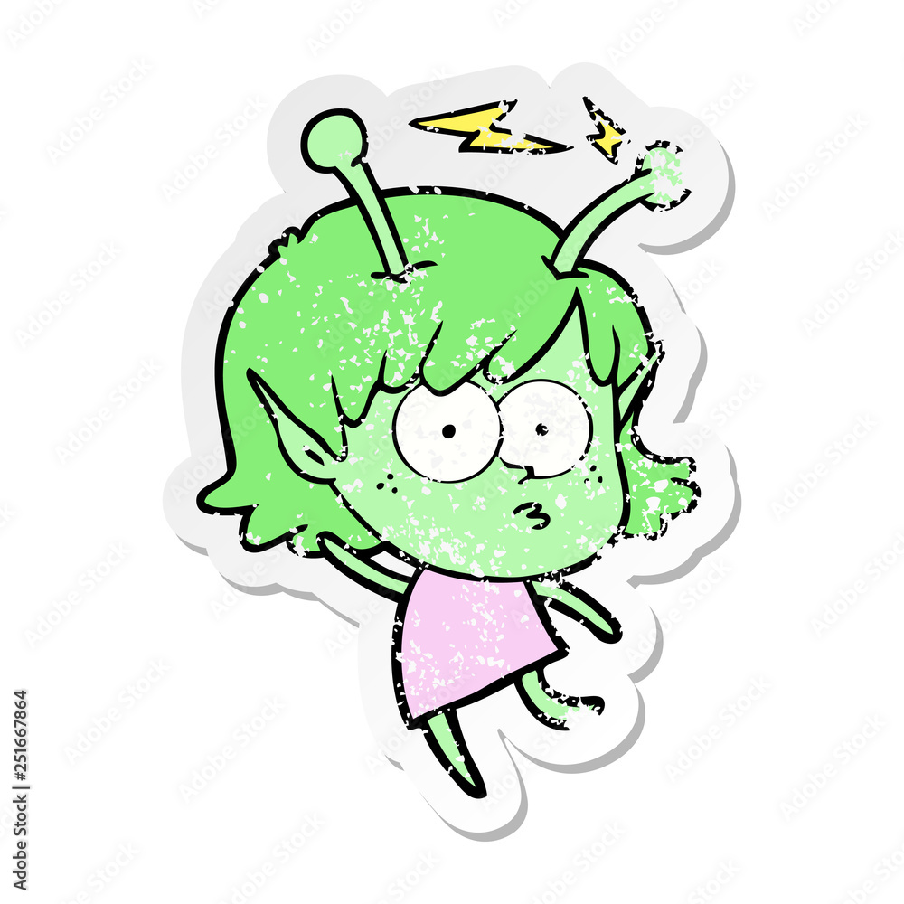 distressed sticker of a cartoon alien girl distressed sticker of a cartoon alien girl