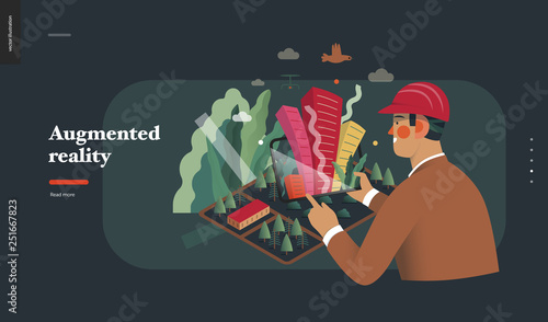 Technology 2 -Augmented reality, modern flat vector concept digital illustration -augmented reality metaphor - man with tablet. Creative landing web page design template