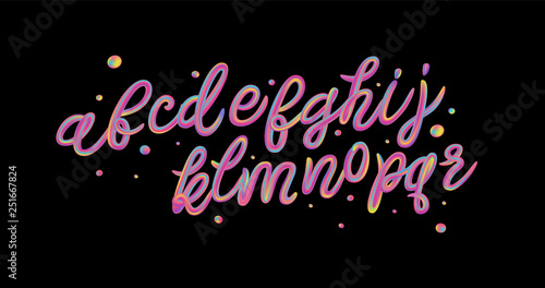 Alphabet set of iridescence holographic and multicolour 3d letters isolated on black background for poster, flyer, banner or design element. Psychedelic color typography. Vector. 