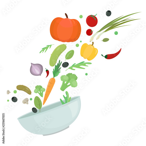 Salad. Vegetables fly into the bowl. Fresh ingredients for cooking. Isolated vector illustration